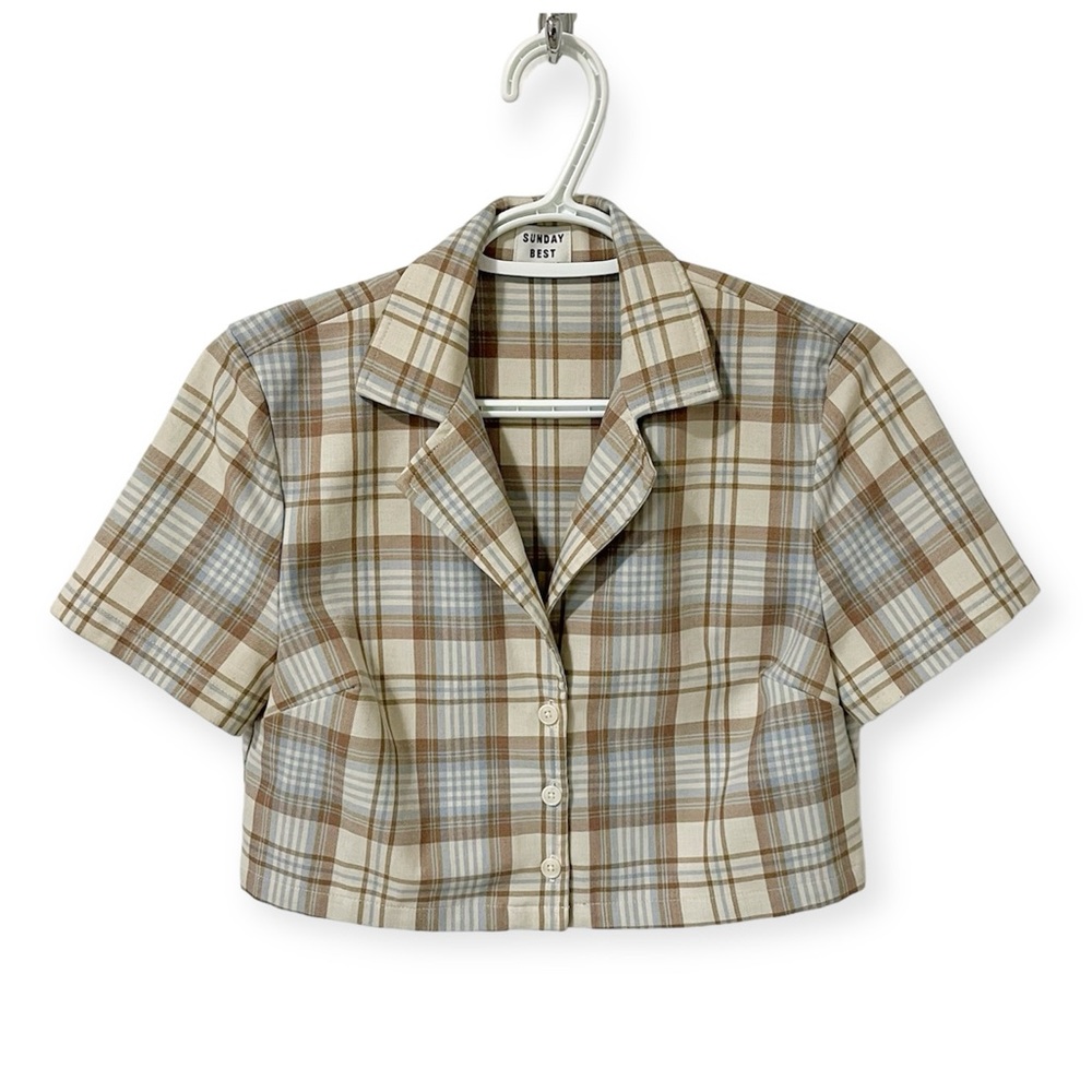 Aritzia Sunday Best Tuesday Cropped Button Front Plaid Shirt Blue Tan XSmall